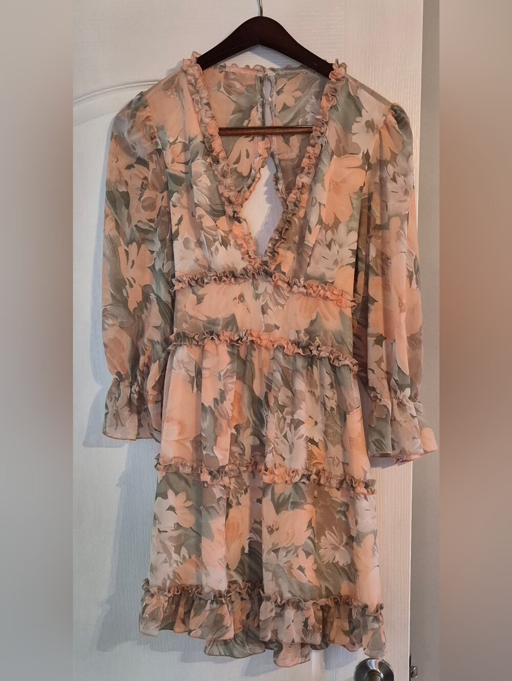 Floral Ruffle Tiered Midi Dress - Peach/Green